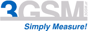 Logo von 3GSM mit dem Slogan „Simply Measure!“. Der Schriftzug „3GSM“ ist in Großbuchstaben dargestellt, wobei die Ziffer „3“ in Blau hervorgehoben und „GSM“ in Grau gehalten ist. Unterhalb verläuft eine graue Linie, auf der in Blau der Schriftzug „Simply Measure!“ steht. Rechts seitlich, vertikal ausgerichtet, befindet sich die kleine Webadresse „3GSM.at“.