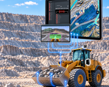 Gelber Radlader mit gefüllter Schaufel im Steinbruch. Blaue Datenverbindungen und digitale Geländeanalysen veranschaulichen den KI-gestützten Materialabbau.